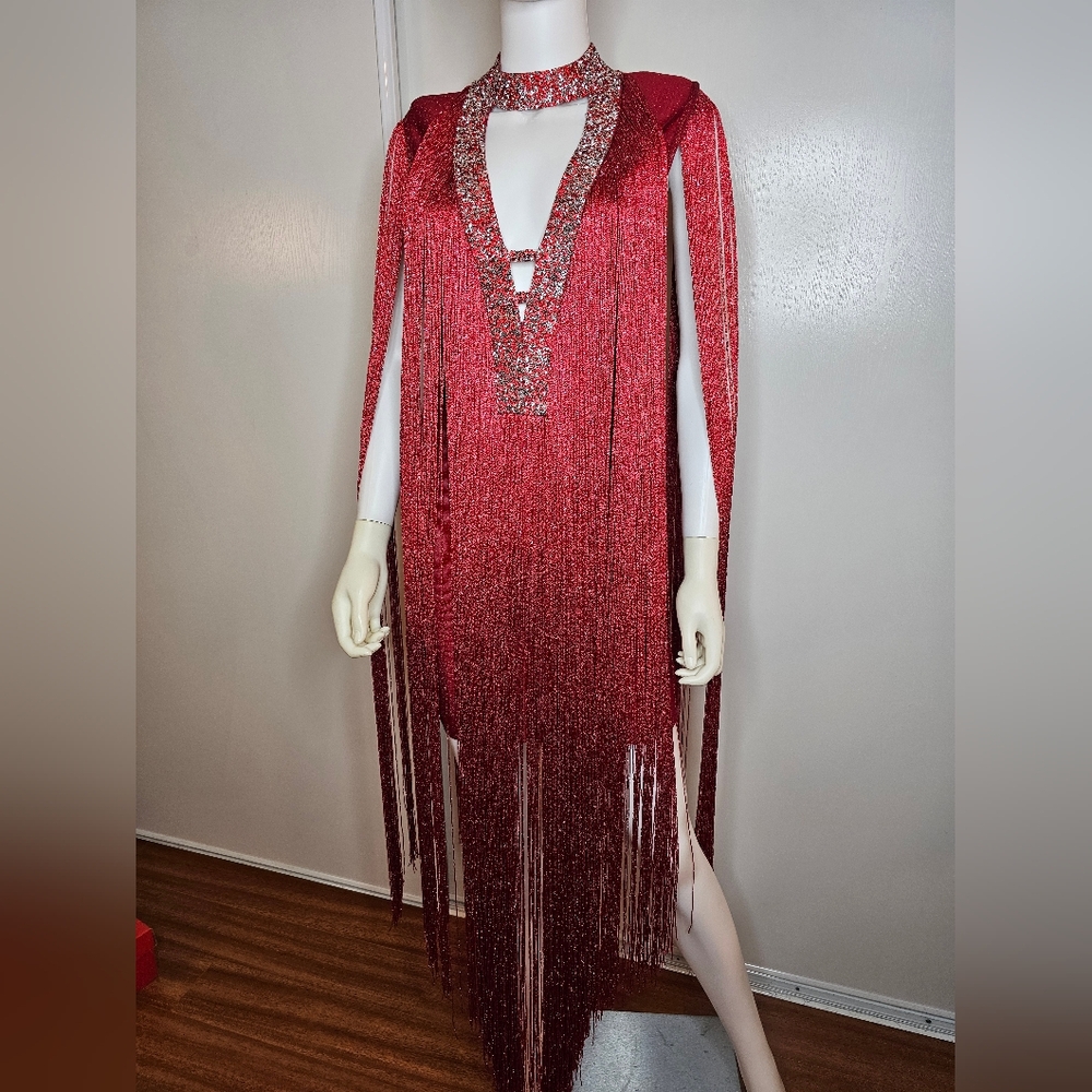 Anewsta Fringe Bodycon Evening Cocktail Dress Size S EU 36 US 4 Deep V Sparkle - Picture 1 of 16